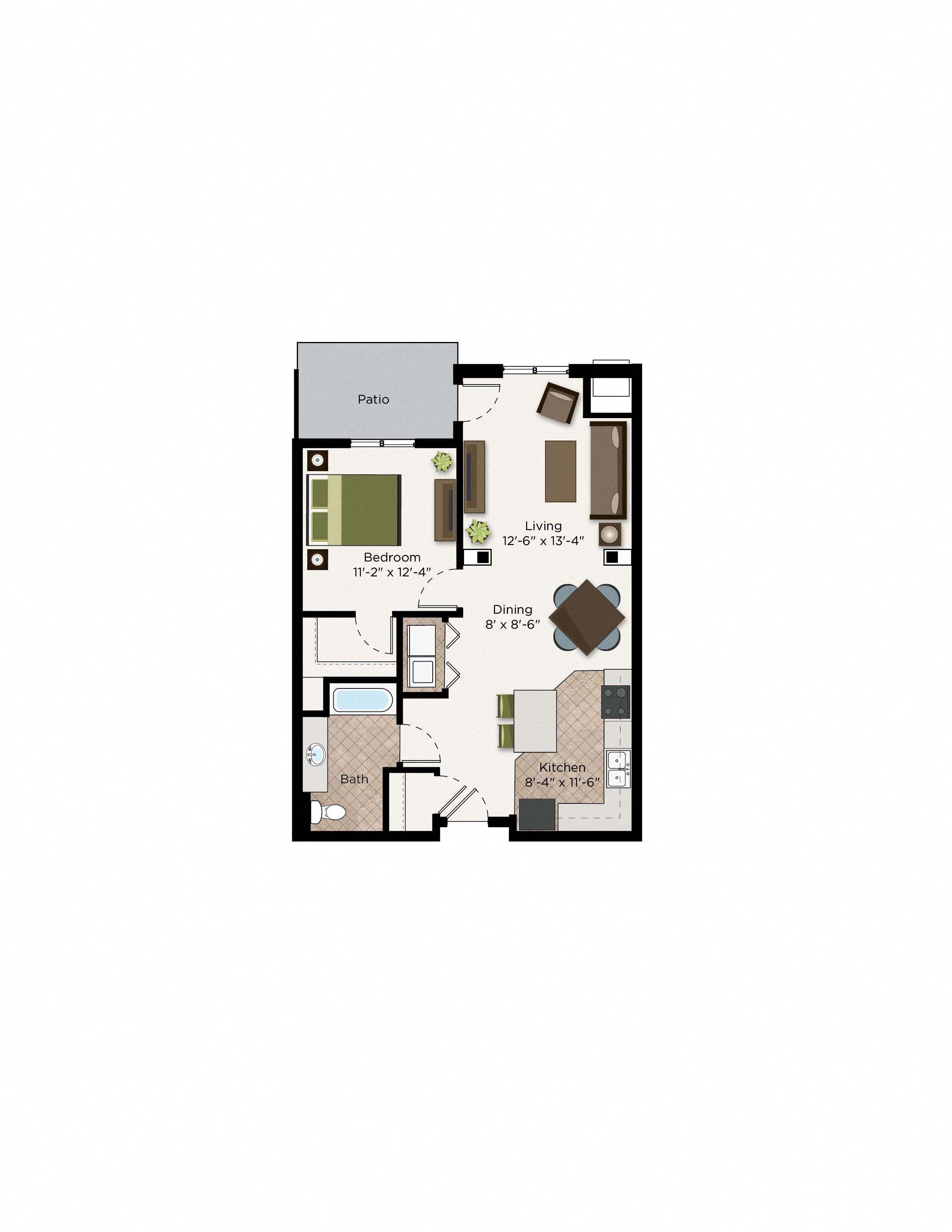 Floor plan for 1 bed, 1 bath, 871 sqft
